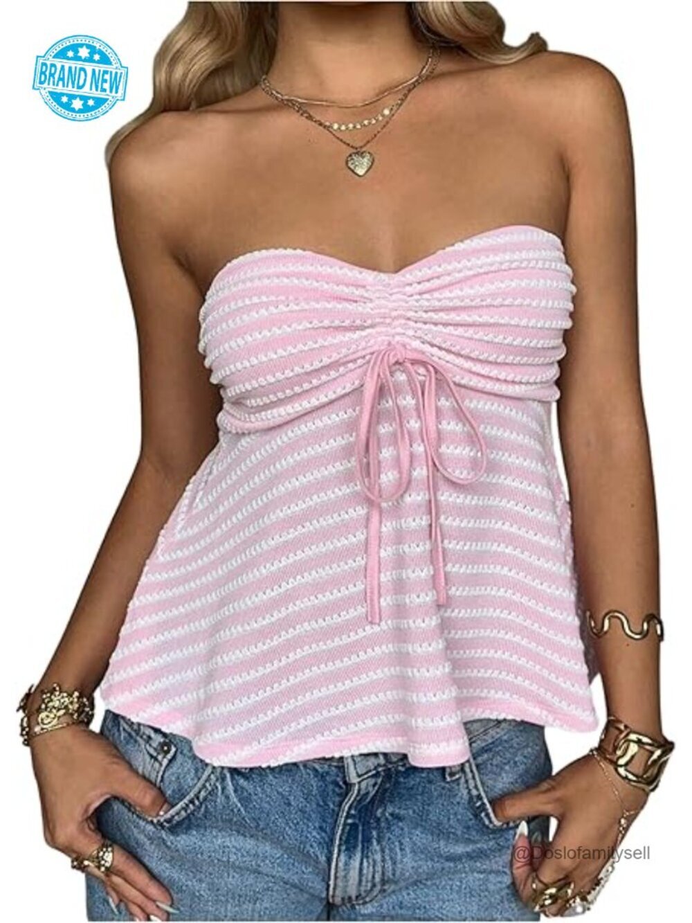 Women's Striped Babydoll Tube Top Strapless Ruffle Peplum Bandeau